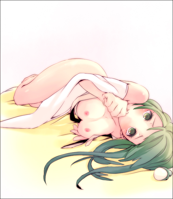 zen (pixiv), zen (raspberry), kochiya sanae, touhou, 1girl, breasts, female focus, frog, green eyes, green hair, hair ornament, long hair, lying, matching hair/eyes, nipples, nude, solo
