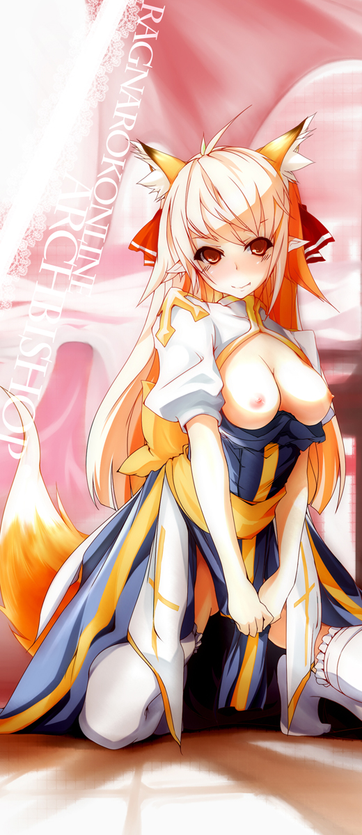 eskimofox, arch bishop (ragnarok online), ragnarok online, silver hair, highres, 1girl, animal ears, breasts, female focus, fox ears, fox tail, large breasts, long hair, red eyes, ribbon, solo, tail, thighhighs