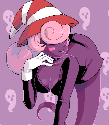 shadow siren, vivian (paper mario), mario (series), nintendo, paper mario, super mario bros. 1, super mario rpg, lowres, 1girl, bent over, blush, breasts, cleavage, colored skin, female focus, gloves, hair over eyes, hat, large breasts, long hair, pink hair, pixel art, purple skin, smile, solo