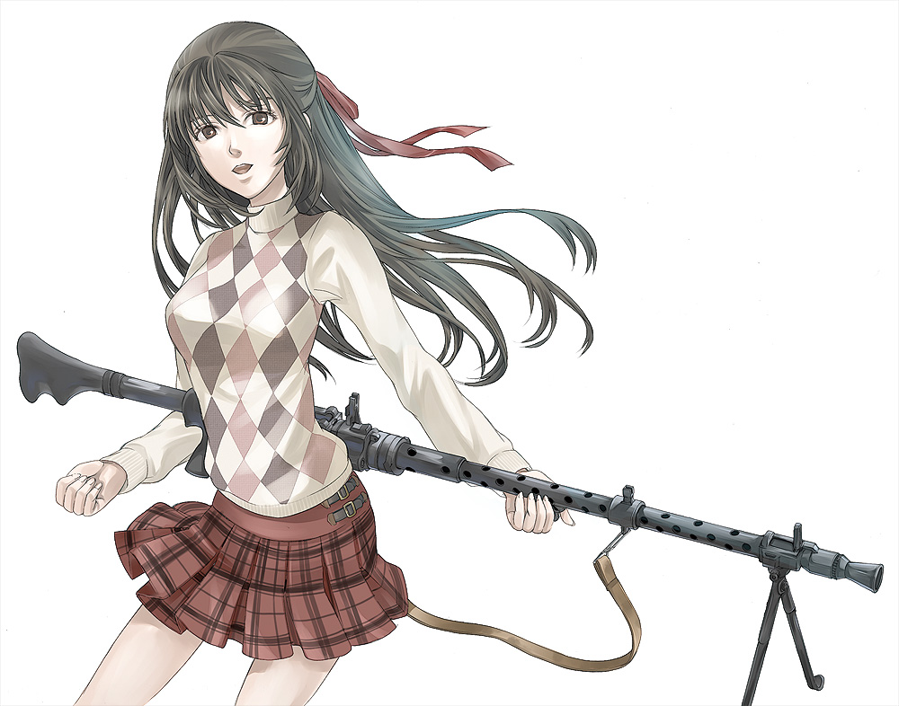kyuu umi, original, bad id, bad pixiv id, 1girl, argyle clothes, argyle sweater, black hair, brown eyes, female focus, gun, long hair, machine gun, plaid clothes, plaid skirt, pleated skirt, simple background, skirt, solo, sweater, weapon
