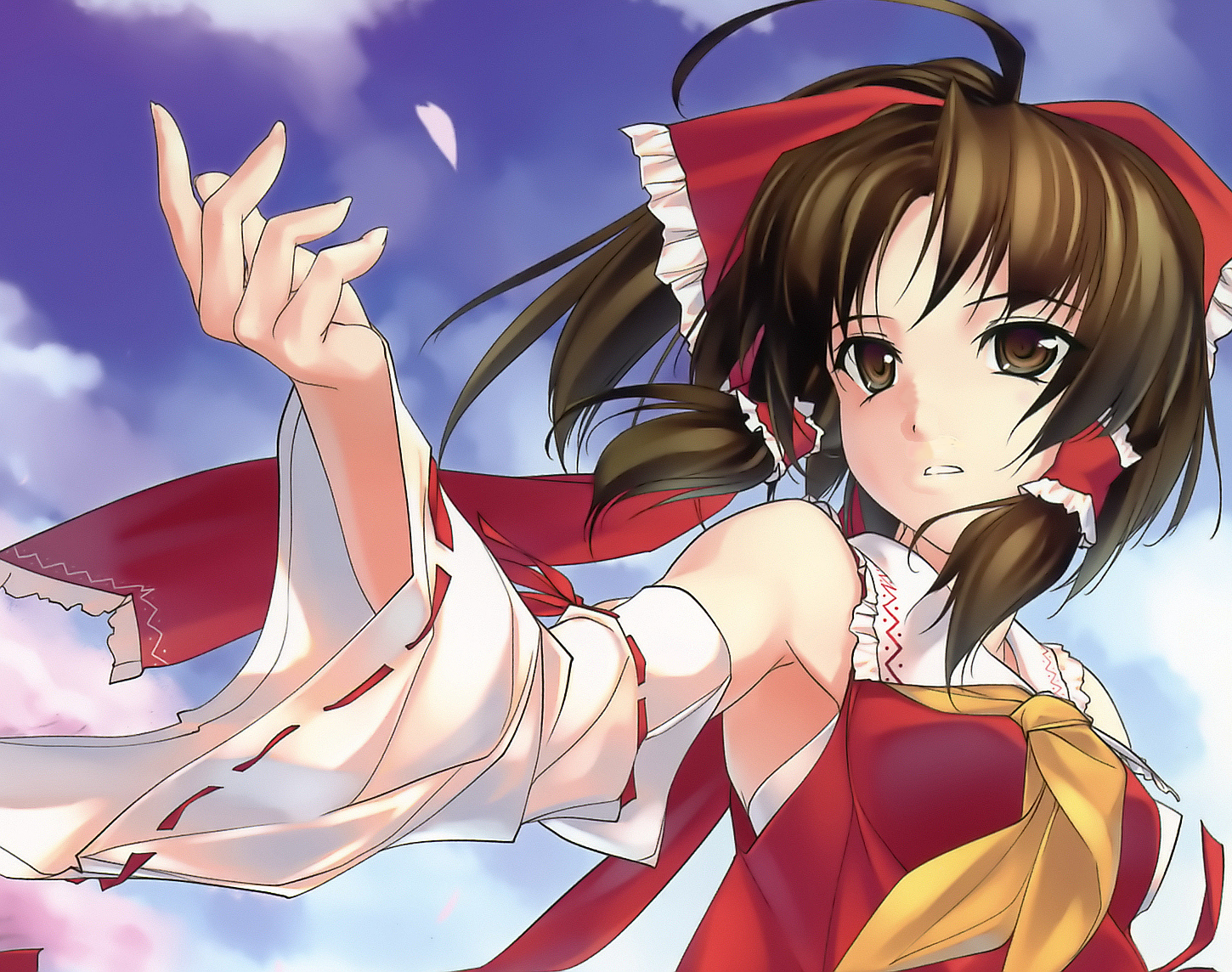 rokuwata tomoe, hakurei reimu, touhou, non-web source, 1girl, armpits, brown eyes, brown hair, cherry blossoms, detached sleeves, female focus, japanese clothes, miko, outdoors, sky, solo