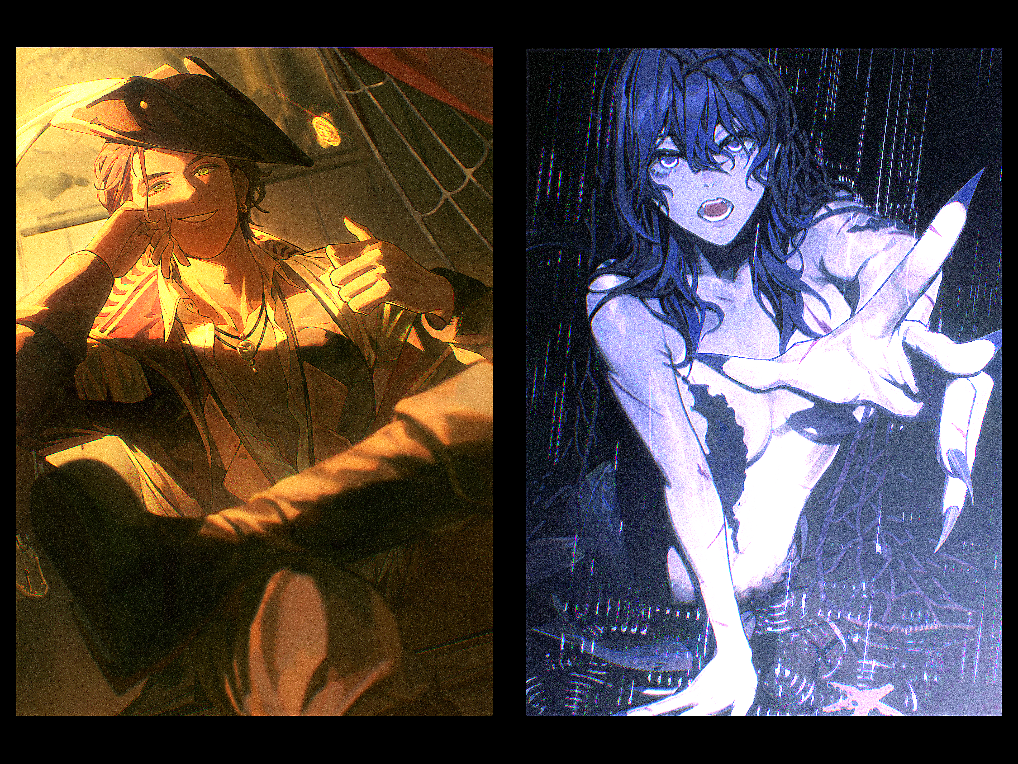 zhihaiwusheng, claude von riegan, female byleth (fire emblem), fire emblem, fire emblem: three houses, nintendo, absurdres, highres, 1boy, 1girl, alternate costume, alternate universe, black boots, black hat, boots, breasts, clothed male nude female, completely nude, dark-skinned male, dark skin, fingernails, hat, knee boots, medium breasts, mermaid, monster girl, monsterification, nude, pirate, pirate hat, rain, reaching, reaching towards viewer, sharp fingernails