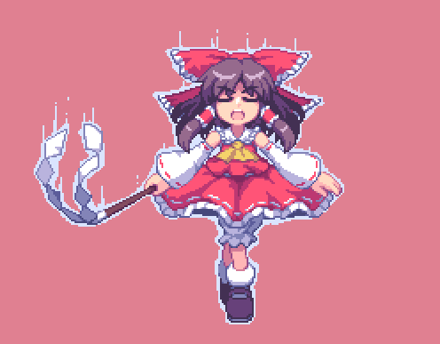 kou 2008, hakurei reimu, touhou, bad id, bad pixiv id, lowres, 1girl, bow, brown hair, detached sleeves, female focus, full body, gohei, japanese clothes, miko, pixel art, short hair, simple background, solo