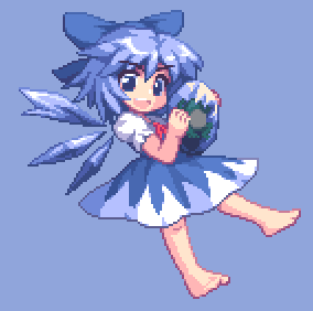 kou 2008, cirno, embodiment of scarlet devil, touhou, bad id, bad pixiv id, lowres, 1girl, barefoot, blue eyes, blue hair, bow, feet, female focus, full body, hair bow, matching hair/eyes, pixel art, short hair, simple background, solo, wings
