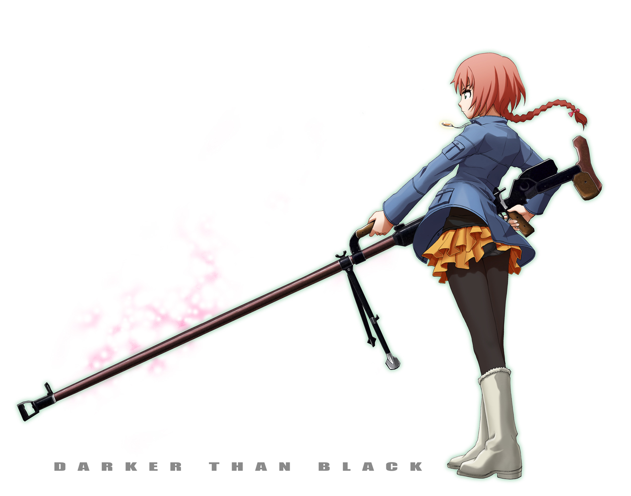 v-mag, suou pavlichenko, darker than black, 00s, 1girl, anti-materiel rifle, ass, bipod, black pantyhose, blue panties, bolt action, boots, braid, female focus, gun, muzzle device, panties, panties under pantyhose, pantyhose, pantyshot, ptrd-41, red hair, rifle, single braid, skirt, sniper rifle, solo, striped clothes, striped panties, underwear, upskirt, weapon