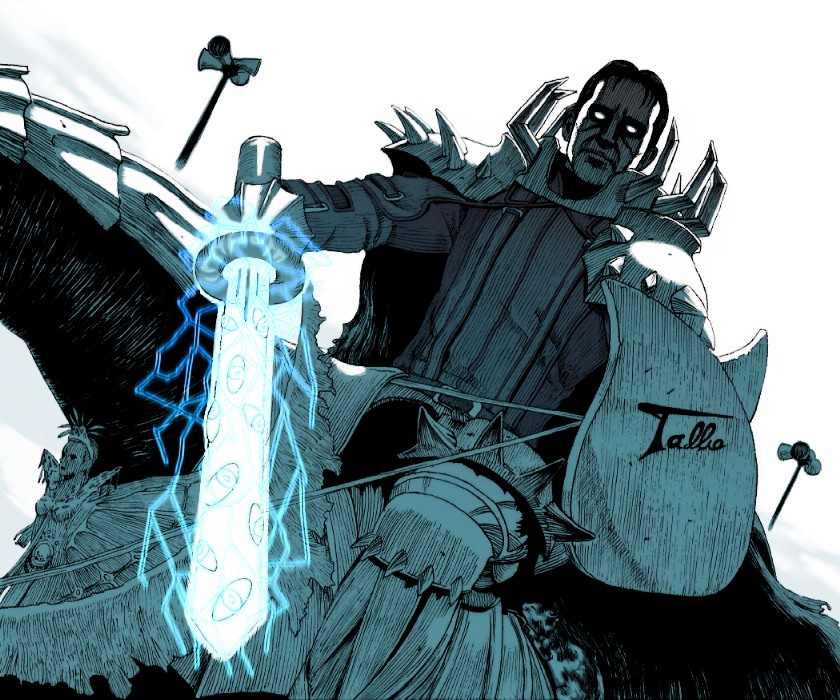 organicoil, hirasawa susumu, skull knight (berserk), berserk, real life, 1boy, armor, barding, cosplay, eye focus, glowing, glowing eyes, horse, male focus, monochrome, parody, real life insert, shield, solo, spikes, sword, sword of resonance, weapon