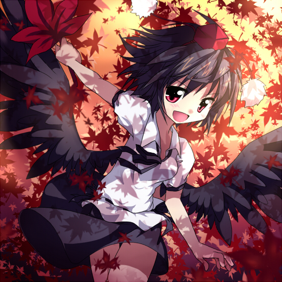 haiiro (immature), shameimaru aya, touhou, 1girl, :d, black hair, female focus, gradient background, hat, leaf, maple leaf, open mouth, plant, red eyes, skirt, smile, solo, tengu, tokin hat, wings