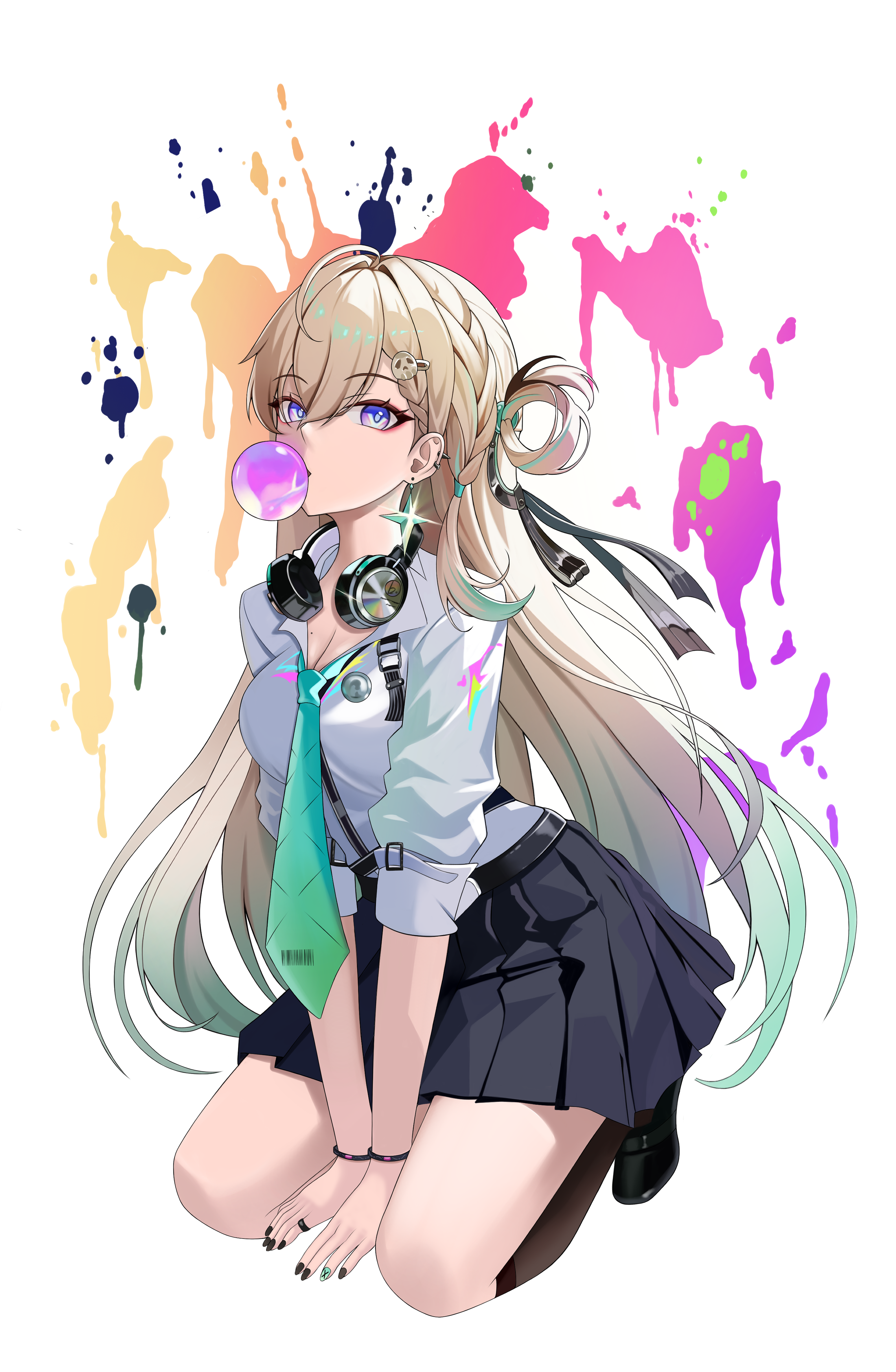 lynae (wuthering waves), wuthering waves, absurdres, commentary, highres, 1girl, aqua necktie, black nails, black shoes, black skirt, black socks, blonde hair, blowing bubble gum, braid, braided bangs, breasts, chewing gum, cleavage, earrings, fingernails, hair between eyes, hair ornament, headphones, headphones around neck, jewelry, kneehighs, kneeling, long hair, looking at viewer, medium breasts, multicolored hair, nail polish, necktie, poori, purple eyes, shirt, shirt tucked in, shoes, skirt, skull hair ornament, socks, solo, star (symbol), star earrings, streaked hair, white background, white shirt