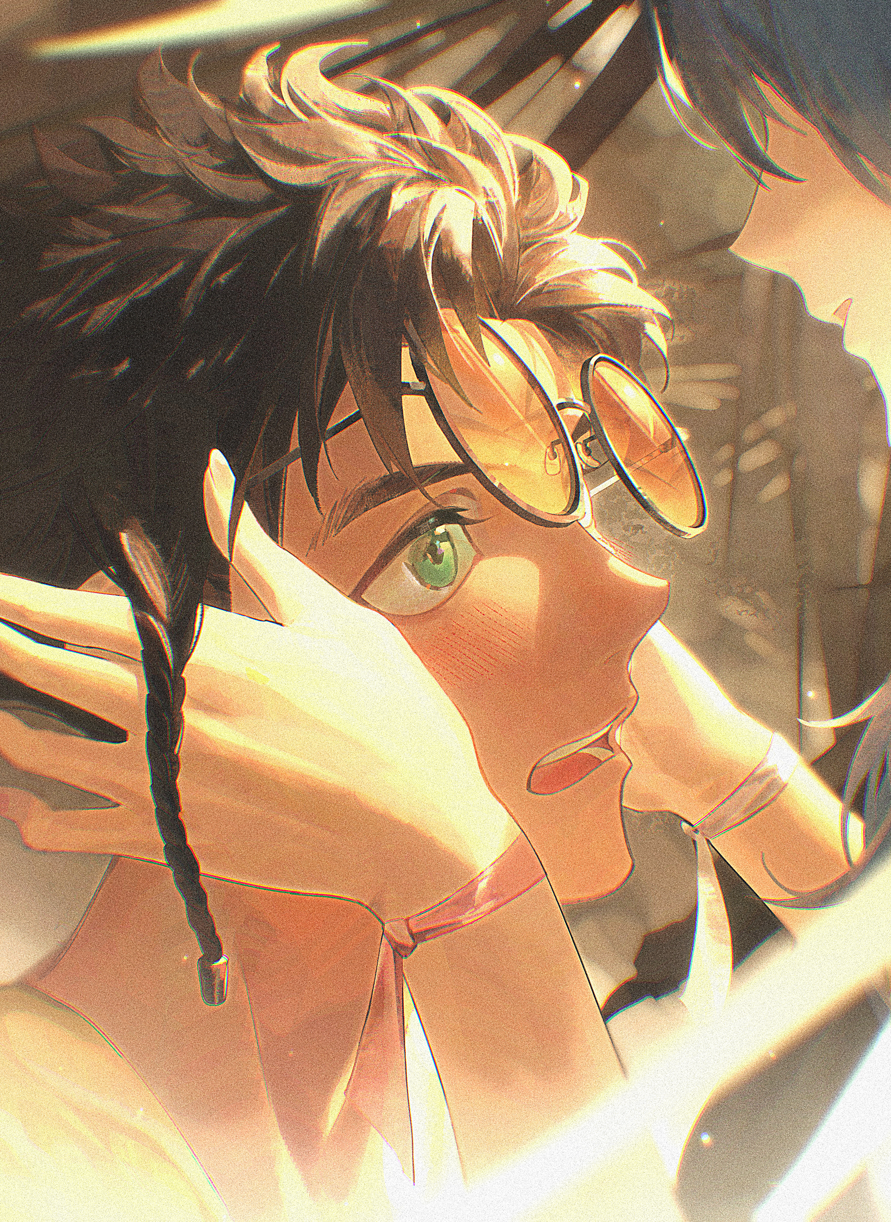 zhihaiwusheng, claude von riegan, claude von riegan (summer), female byleth (fire emblem), female byleth (summer) (fire emblem), fire emblem, fire emblem: three houses, fire emblem heroes, nintendo, absurdres, highres, 1boy, 1girl, blue hair, dark-skinned male, dark skin, faceless, faceless female, from side, green eyes, hetero, looking at another, male focus, open mouth, solo focus, teeth, tongue, upper teeth only