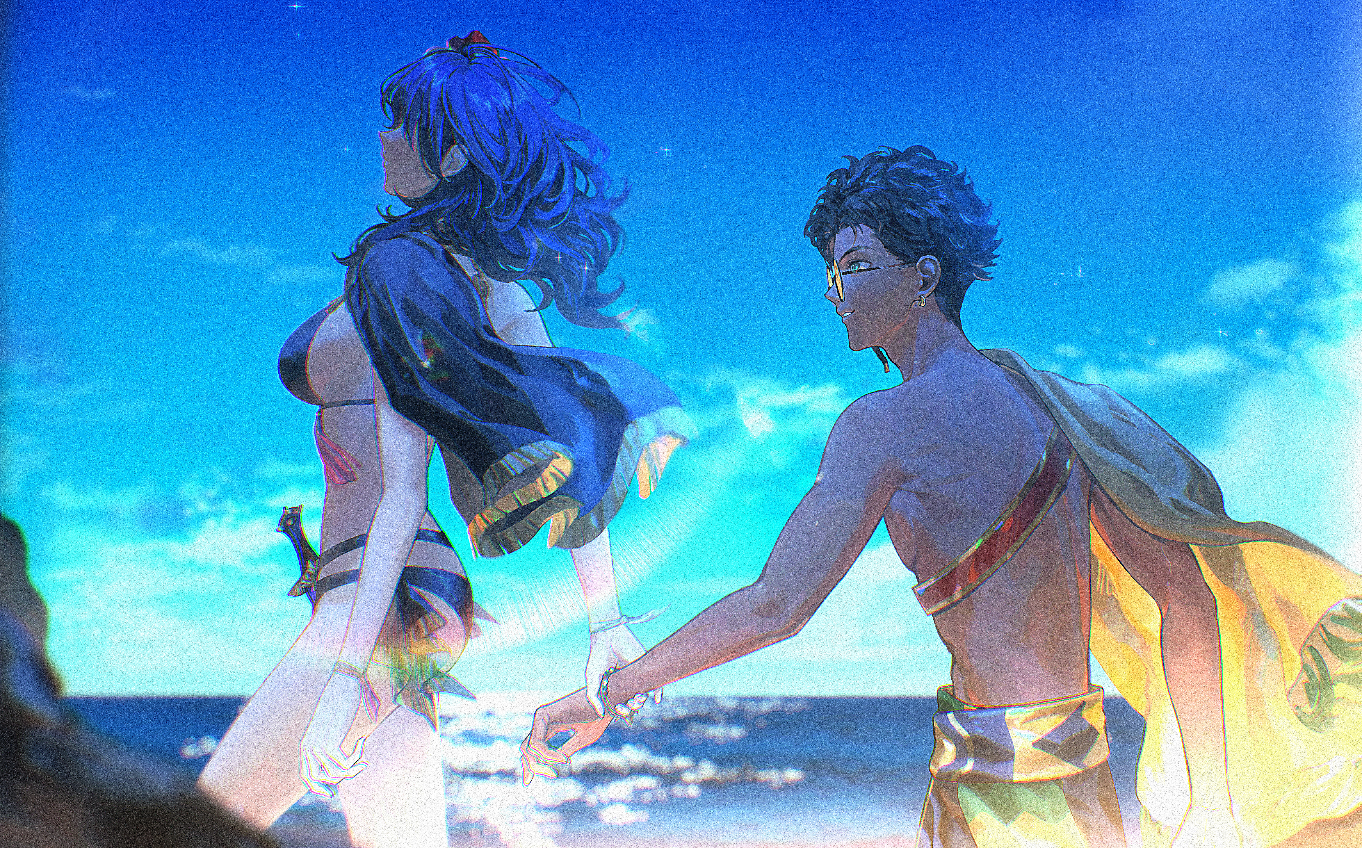 zhihaiwusheng, claude von riegan, claude von riegan (summer), female byleth (fire emblem), female byleth (summer) (fire emblem), fire emblem, fire emblem: three houses, fire emblem heroes, nintendo, absurdres, highres, 1boy, 1girl, bare arms, bikini, black bikini, black capelet, black hair, blue hair, blue sky, bracelet, breasts, cape, capelet, cloud, dagger, dark-skinned male, dark skin, day, faceless, faceless female, flower, glasses, green eyes, hair flower, hair ornament, holding another's wrist, jewelry, knife, long hair, median furrow, medium breasts, medium hair, multi-strapped bikini bottom, ocean, official alternate costume, outdoors, red flower, short hair, sideboob, sky, stomach, sunglasses, swimsuit, thighs, weapon, yellow cape, yellow capelet