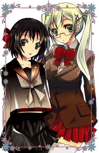tachibanaei, japan (female) (hetalia), japan (hetalia), united kingdom (female) (hetalia), united kingdom (hetalia), axis powers hetalia, silver hair, bad id, bad pixiv id, 00s, 2girls, black hair, bow, genderswap, genderswap (mtf), glasses, green eyes, hair bow, multiple girls, pantyhose, school uniform, serafuku, short hair, thighhighs, twintails
