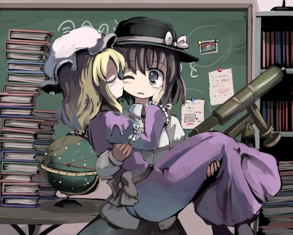 gatau, maribel hearn, usami renko, ghostly field club, touhou, 2girls, blonde hair, book, brown hair, carrying, chalkboard, female focus, globe, hat, hat ribbon, kiss, multiple girls, princess carry, ribbon, telescope, wince, yuri