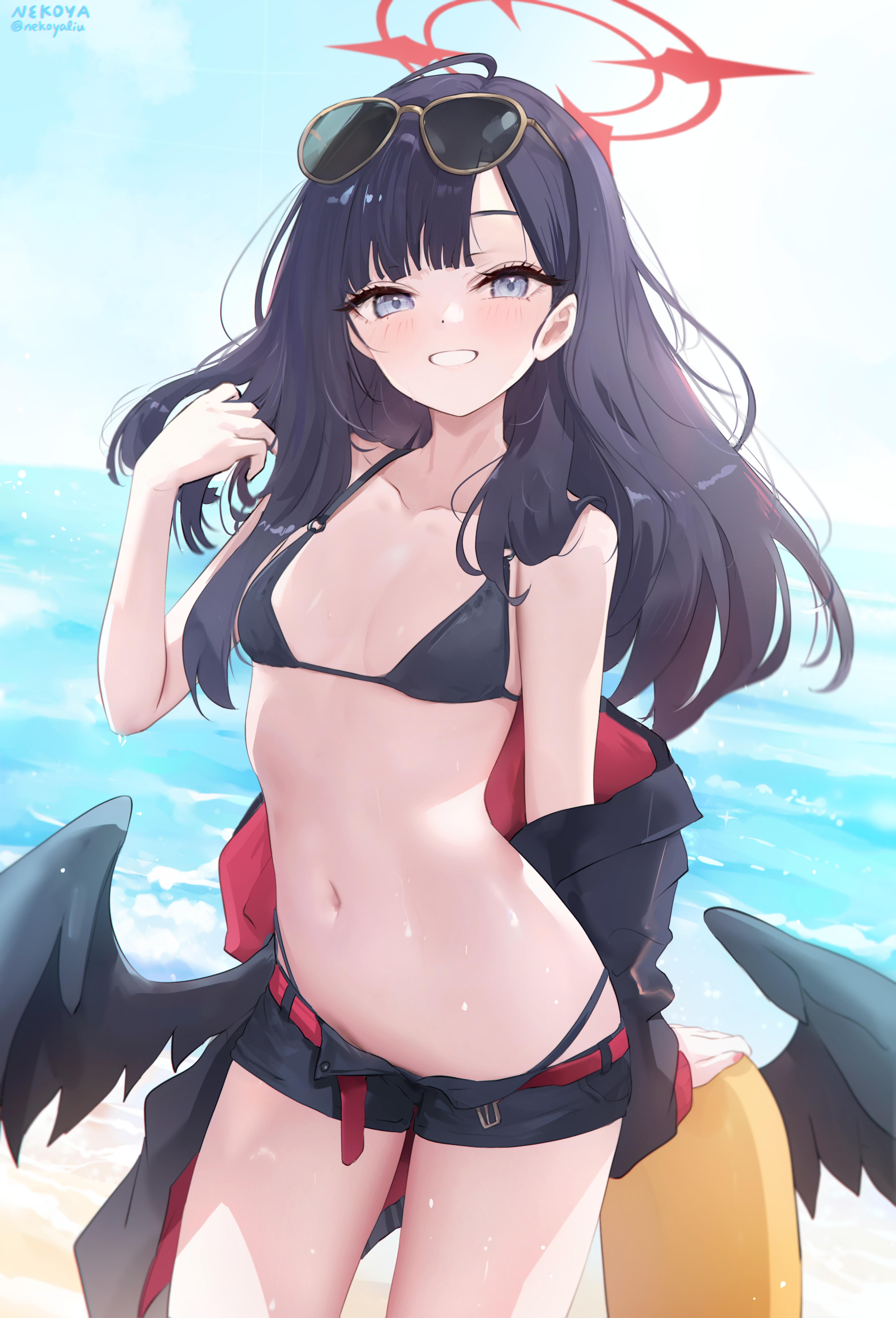 nekoya (liu), ichika (blue archive), ichika (swimsuit) (blue archive), blue archive, absurdres, commentary, highres, 1girl, artist name, bikini, bikini bottom under shorts, bikini under clothes, black bikini, black hair, black wings, breasts, collarbone, cowboy shot, eyewear on head, feathered wings, grin, halo, hand up, long hair, looking at viewer, low wings, navel, official alternate costume, parted lips, red halo, shorts, small breasts, smile, solo, stomach, sunglasses, swimsuit, twitter username, wings, yellow-framed eyewear