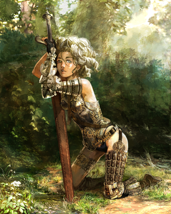 anesaki dynamic, original, 1girl, armor, female focus, forest, grey eyes, kneeling, leaning forward, nature, realistic, short hair, solo, sword, tan, weapon