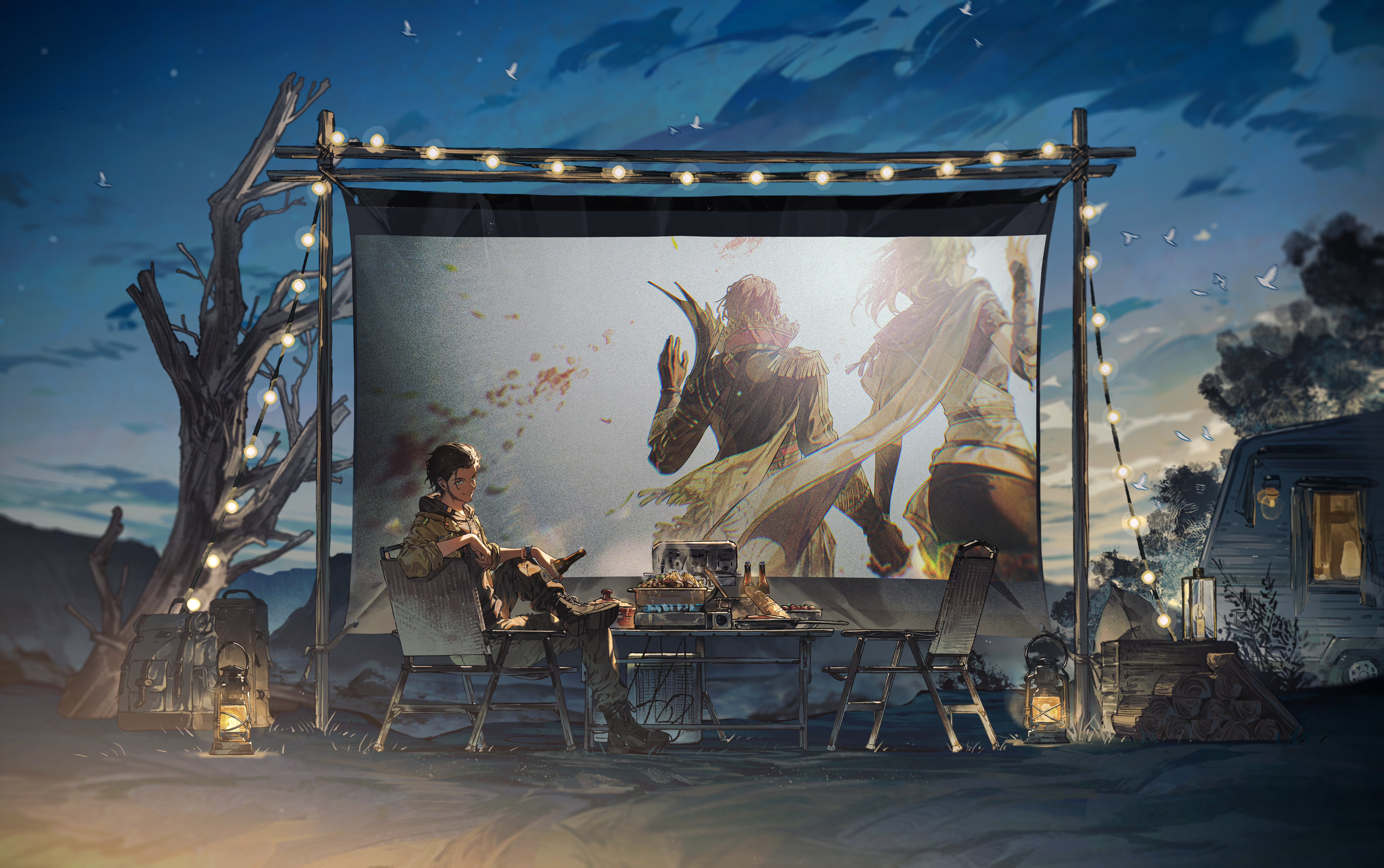 zhihaiwusheng, claude von riegan, claude von riegan (almyra's king), claude von riegan (timeskip), female byleth (awakened) (fire emblem), female byleth (enlightened one) (fire emblem), female byleth (fire emblem), fire emblem, fire emblem: three houses, nintendo, absurdres, highres, 1boy, alternate universe, bare tree, camper trailer, chair, cloud, contemporary, dark-skinned male, dark skin, evening, official alternate eye color, oil lamp, on chair, outdoors, recreational vehicle, sitting, trailer, tree