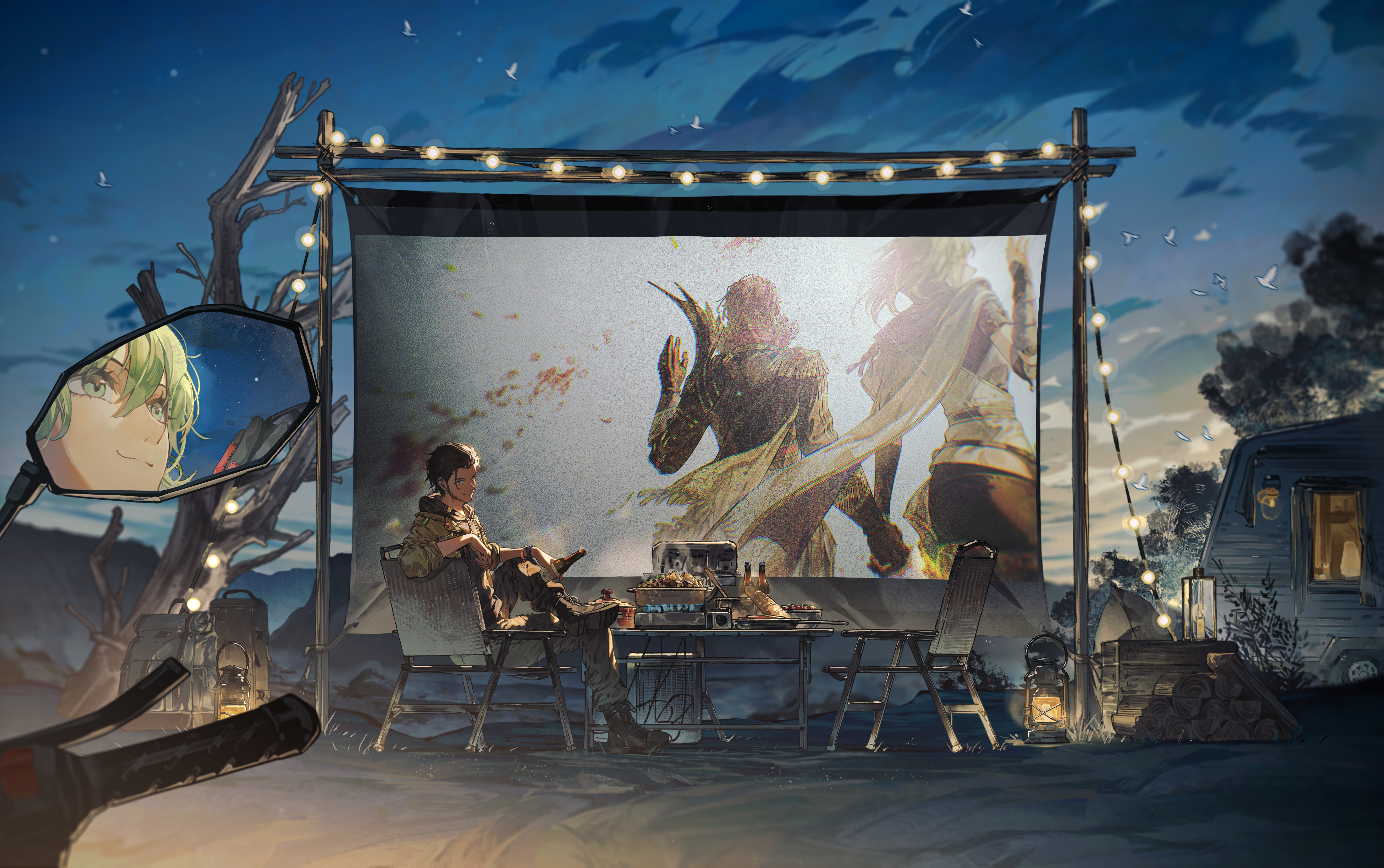 zhihaiwusheng, claude von riegan, claude von riegan (almyra's king), claude von riegan (timeskip), female byleth (awakened) (fire emblem), female byleth (enlightened one) (fire emblem), female byleth (fire emblem), fire emblem, fire emblem: three houses, nintendo, absurdres, highres, 1boy, alternate universe, bare tree, camper trailer, chair, closed mouth, cloud, contemporary, dark-skinned male, dark skin, evening, green eyes, motor vehicle, motorcycle, official alternate eye color, oil lamp, on chair, outdoors, recreational vehicle, sitting, smile, trailer, tree