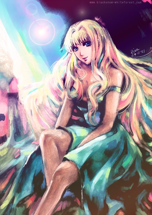 lilaccu, sheryl nome, macross, macross frontier, 00s, 1girl, blonde hair, blue eyes, dress, female focus, long hair, sitting, solo