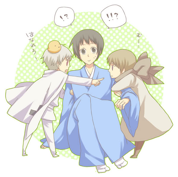 japan (hetalia), prussia (hetalia), russia (hetalia), axis powers hetalia, translation request, !?, 00s, 3boys, black eyes, black hair, blonde hair, male focus, multiple boys, purple eyes, red eyes, text focus, white hair