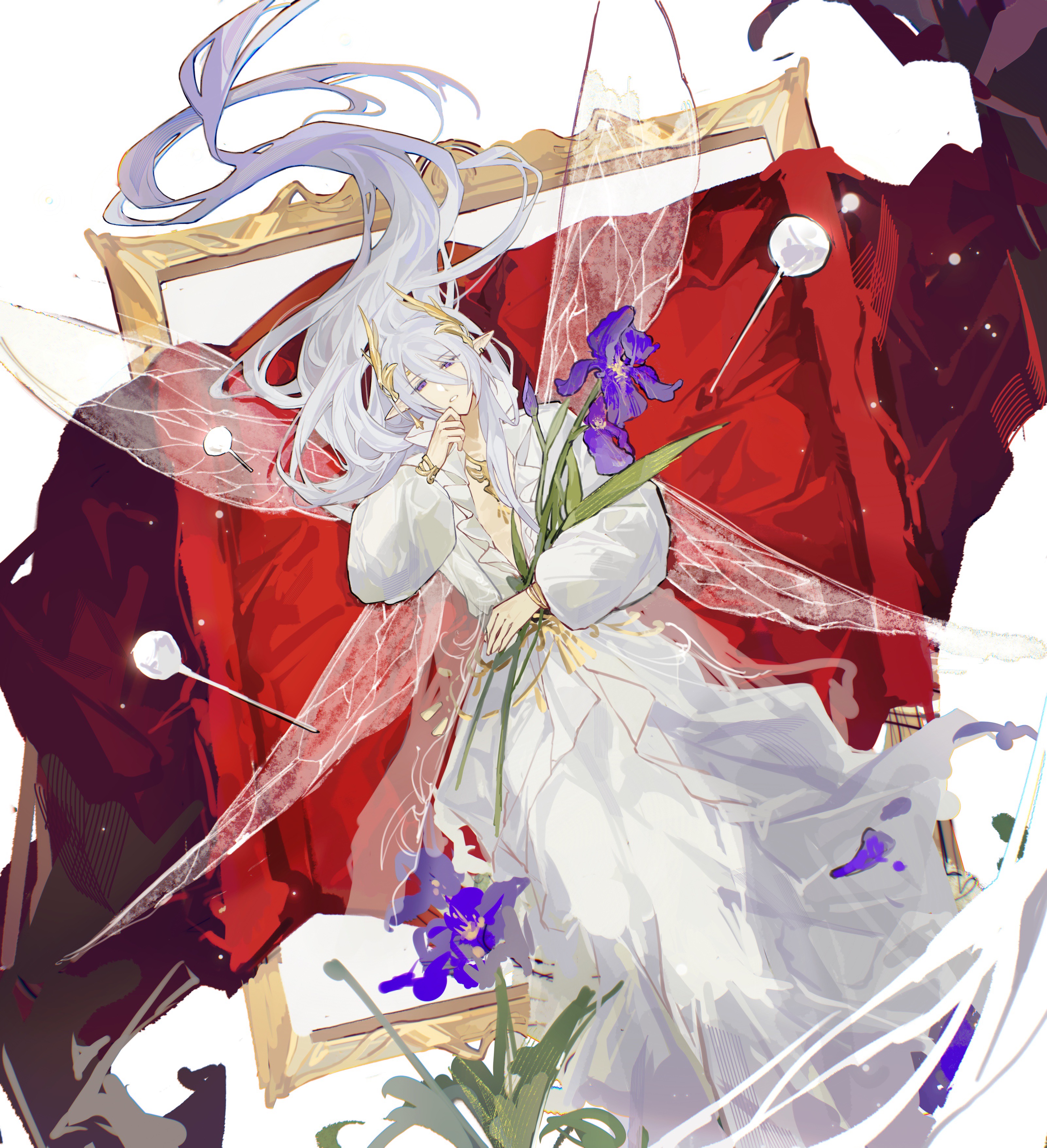 cael anselm, cael anselm (midnight epilogue), lovebrush chronicles, absurdres, chinese commentary, highres, 1boy, empty picture frame, fabric, fairy, fairy wings, feet out of frame, flower, from above, gold necklace, gradient hair, hair between eyes, hair ornament, holding, holding flower, insect pin, insect wings, iris (flower), jewelry, long bangs, long hair, long hair between eyes, long sleeves, looking at viewer, lying, male focus, multicolored hair, necklace, on back, parted lips, picture frame, plunging neckline, pointy ears, purple eyes, purple flower, purple hair, robe, solo, very long hair, white background, white hair, white robe, wing hair ornament, wings, zelotupia