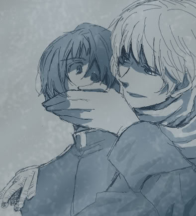 japan (hetalia), russia (hetalia), axis powers hetalia, lowres, 00s, 2boys, black hair, blonde hair, eye contact, from behind, gloves, hand over mouth, jacket, looking at another, male focus, military, military uniform, monochrome, multiple boys, scarf
