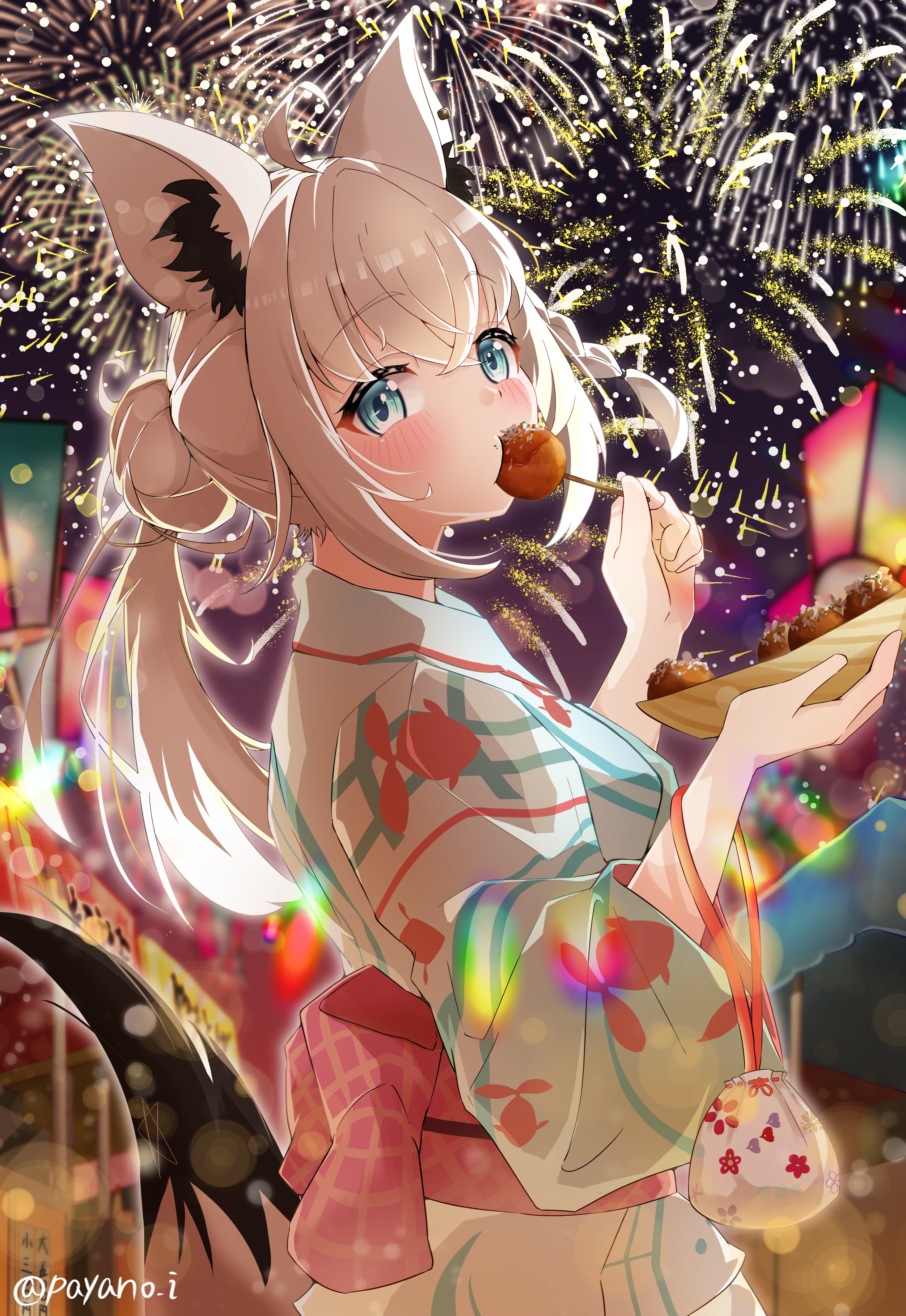 payano i, shirakami fubuki, hololive, holonatsu paradise, absurdres, commentary request, highres, 1girl, ahoge, animal ear fluff, animal ears, artist name, blurry, blurry background, blush, bowl, braid, earrings, eating, fireworks, fox ears, fox girl, fox tail, green eyes, hair between eyes, holding, holding bowl, japanese clothes, jewelry, kimono, long hair, looking at viewer, obi, sash, sidelocks, single braid, solo, tail, virtual youtuber, white hair, yukata