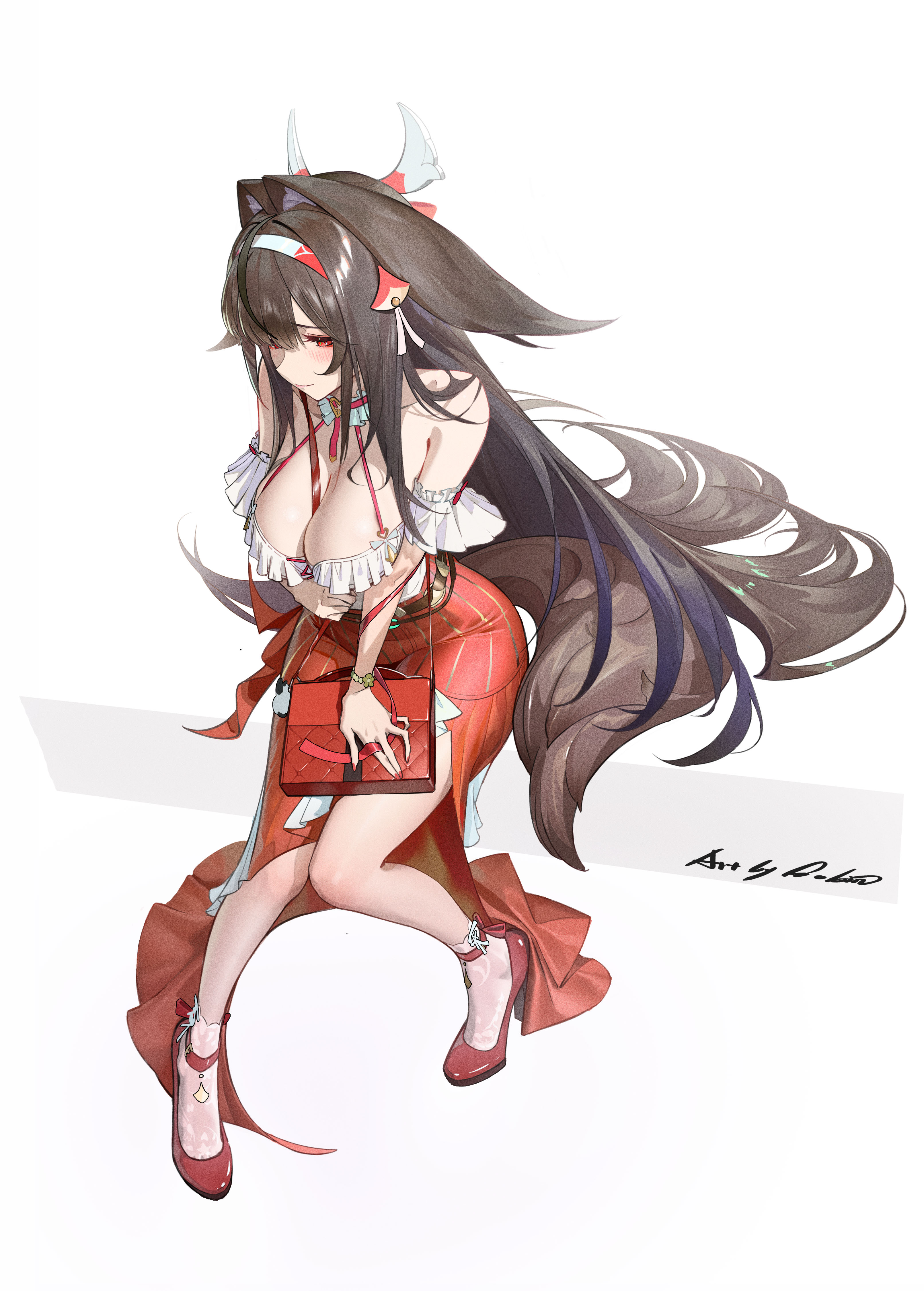 mr goblin, ye shunguang, ye shunguang (touch of dawnlight), zenless zone zero, fluffy hair, absurdres, commentary, highres, 1girl, bag, breasts, brown hair, cleavage, collar, droopy ears, frilled collar, frilled sleeves, frills, full body, gradient hair, hair ornament, hair spread out, headband, high heels, large breasts, long hair, long skirt, multicolored hair, official alternate costume, red eyes, shy, sitting, skirt, strap, very long hair, white background