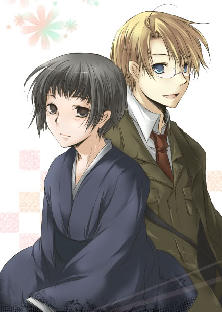 america (hetalia), japan (hetalia), axis powers hetalia, tagme, 00s, 2boys, black eyes, black hair, blonde hair, blue eyes, male focus, multiple boys