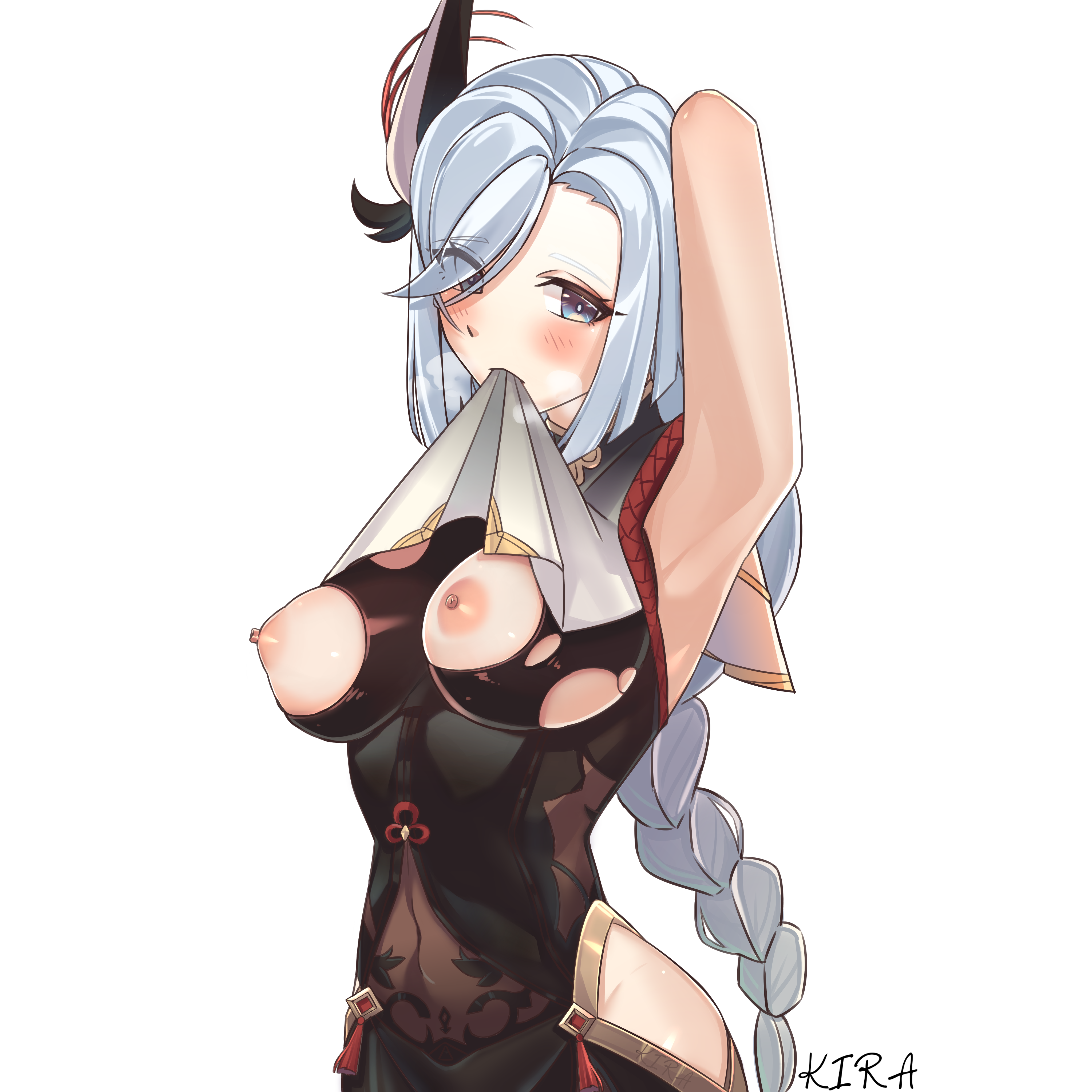 41008030, shenhe (genshin impact), genshin impact, absurdres, highres, 1girl, arm up, artist name, black bodysuit, blue eyes, bodystocking, bodysuit, braid, breast curtain, breast curtain lift, breasts, clothing cutout, covered navel, hair ornament, hair over one eye, hip vent, large breasts, long hair, looking at viewer, low-braided long hair, low-tied long hair, mouth hold, nipples, sleeveless, solo, tassel, torn bodysuit, torn clothes, white background, white hair