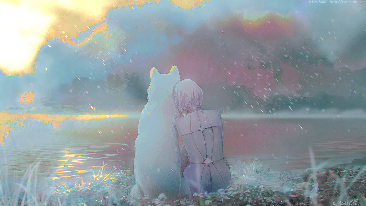 eva soulu, cheza, kiba, wolf's rain, commentary, english commentary, 1girl, animal, back cutout, bodysuit, clothing cutout, from behind, lake, leaning on animal, outdoors, short hair, sitting, snowing, white bodysuit, white wolf, wolf