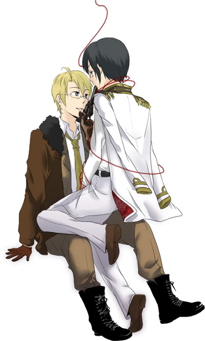 america (hetalia), japan (hetalia), axis powers hetalia, 00s, 2boys, black hair, blonde hair, blue eyes, boots, eye contact, formal clothes, glasses, gloves, gun, handgun, jacket, looking at another, male focus, multiple boys, necktie, pants, revolver, shoes, simple background, sitting, string, suit, weapon, white pants, white suit, yaoi