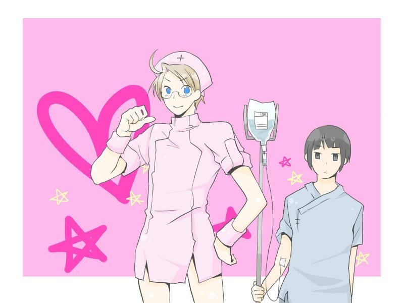 america (hetalia), japan (hetalia), axis powers hetalia, 00s, 2boys, black eyes, black hair, blonde hair, blue eyes, crossdressing, crossdressing (mtf), glasses, heart, intravenous drip, male focus, medical, multiple boys, nurse, patient, star (symbol), yaoi