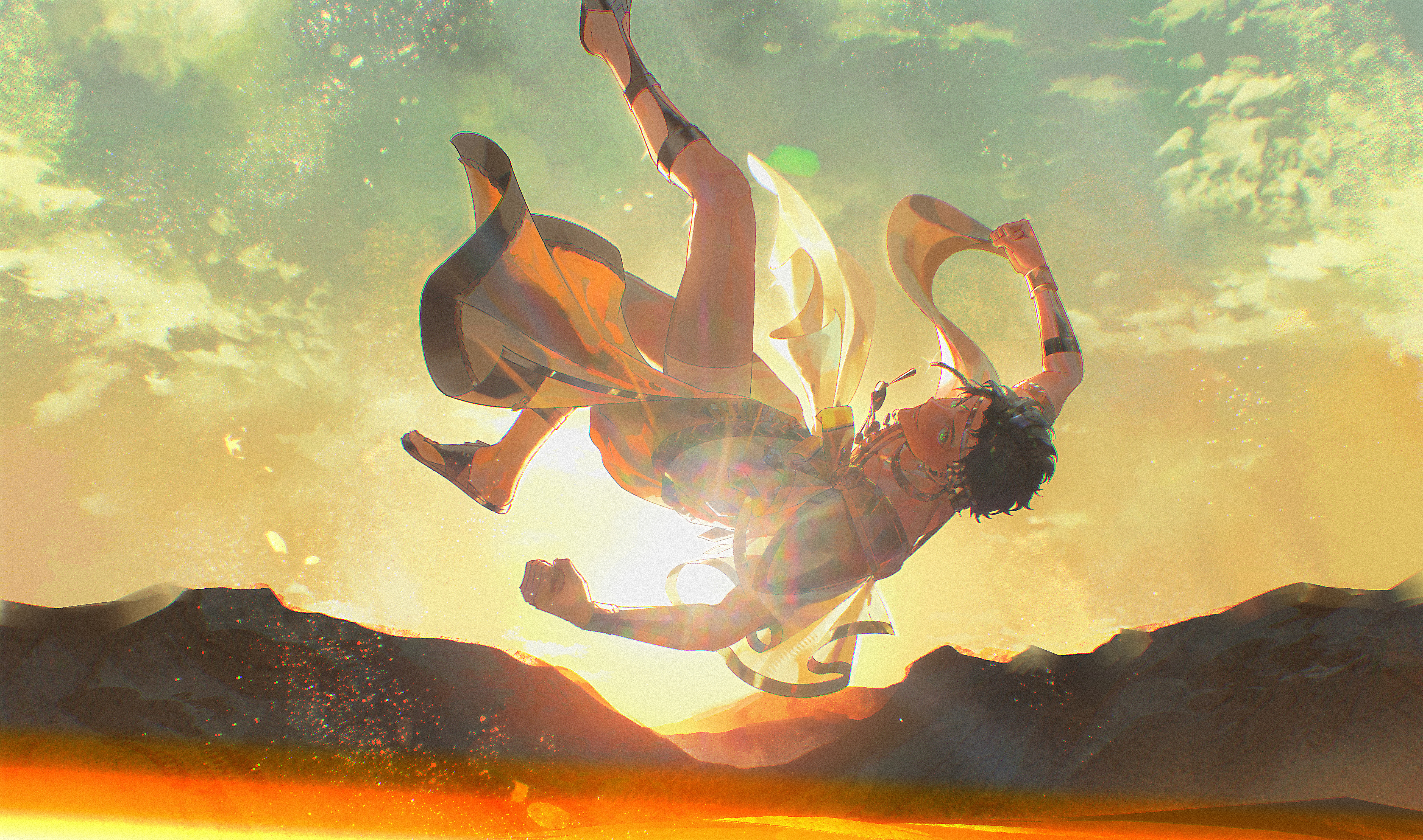 zhihaiwusheng, claude von riegan, claude von riegan (summer), fire emblem, fire emblem: three houses, fire emblem heroes, nintendo, absurdres, highres, 1boy, black hair, black sandals, blue sky, cape, dark-skinned male, dark skin, day, green eyes, male focus, mountainous horizon, outdoors, sandals, short hair, sky, solo, sunrise, yellow cape