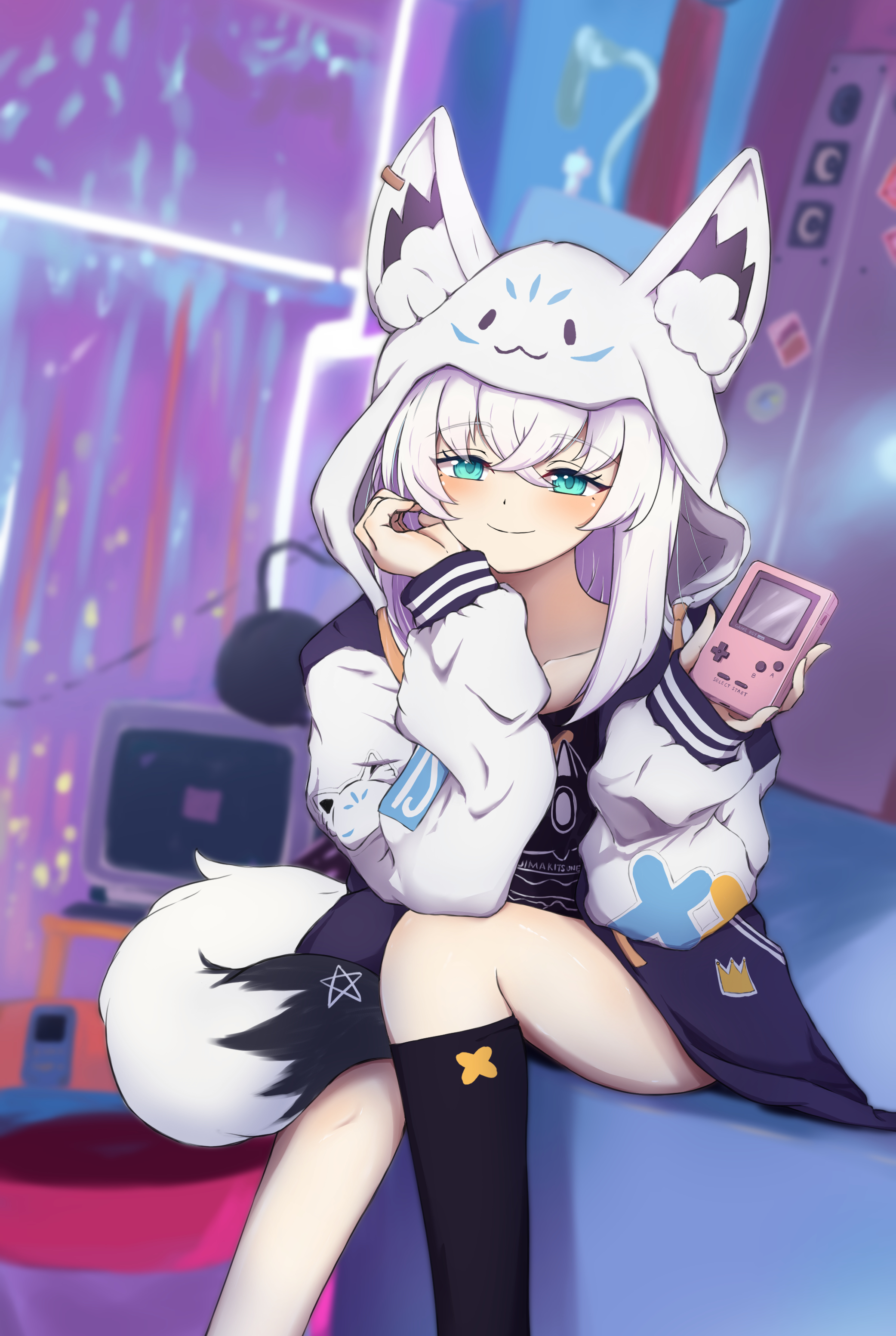 sorazumiumi, shirakami fubuki, shirakami fubuki (loungewear), hololive, absurdres, commentary request, highres, 1girl, animal ear fluff, animal ears, black shirt, black socks, blurry, blurry background, blush, braid, earrings, fox ears, fox girl, fox tail, game boy, green eyes, hair between eyes, handheld game console, head rest, holding, holding handheld game console, hood, hood up, hoodie, jewelry, long hair, looking at viewer, pentagram, shirt, sidelocks, single braid, single sock, sitting, smile, socks, solo, tail, virtual youtuber, white hair
