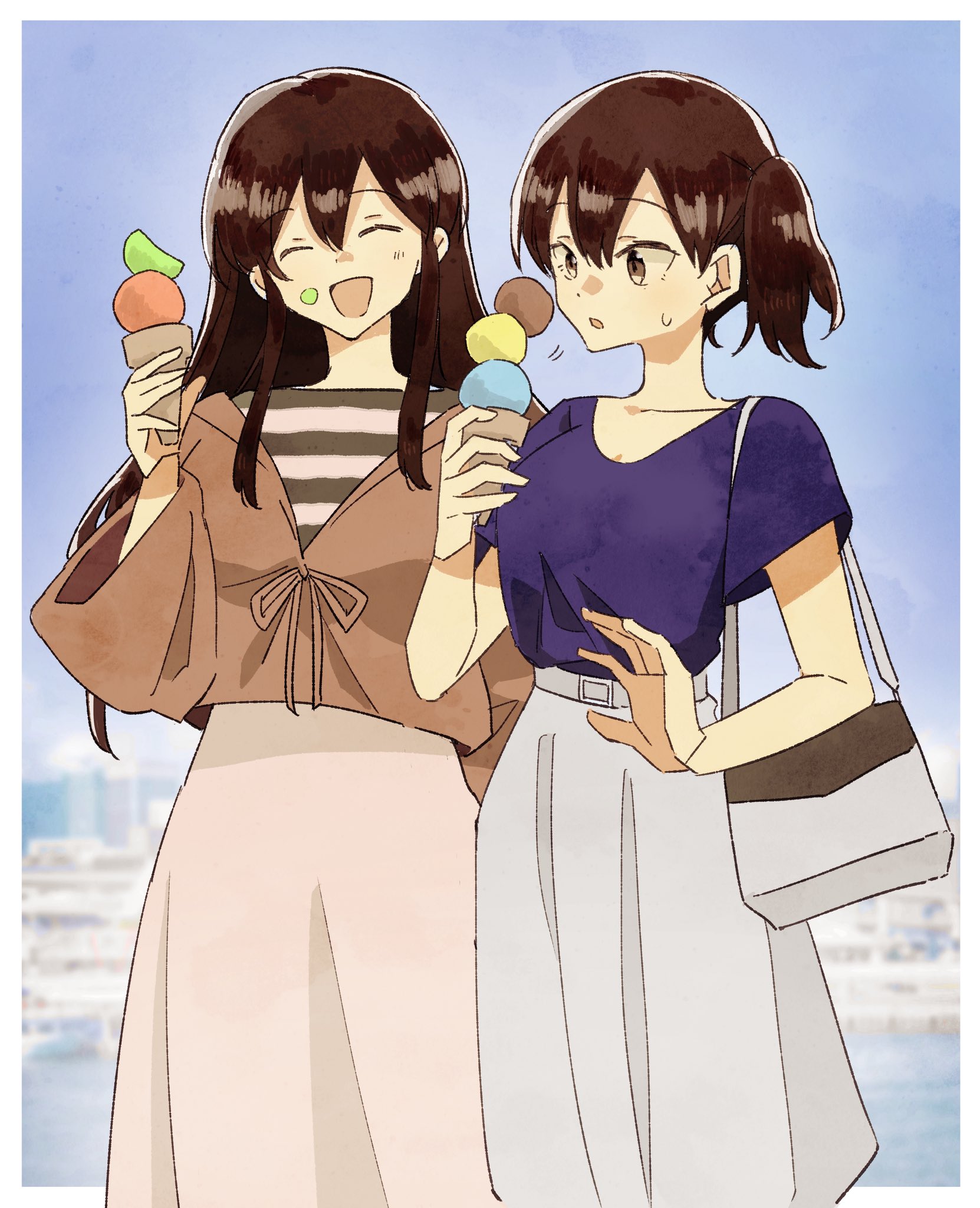 takamachiya, akagi (kancolle), akagi (kure 2019) (kancolle), kaga (kancolle), kaga (kure) (kancolle), kantai collection, highres, 2girls, ^ ^, bag, black shirt, blue shirt, brown eyes, brown hair, brown jacket, closed eyes, food, food on face, hair between eyes, handbag, holding, holding food, holding ice cream, ice cream, jacket, long hair, long sleeves, multiple girls, official alternate costume, shirt, short hair, short sleeves, side ponytail, skirt, straight hair, striped clothes, striped shirt, white bag, white skirt