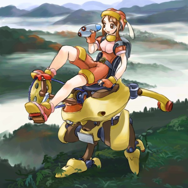 hirai yukio, original, archived source, bad link, 1girl, above clouds, binoculars, brown eyes, brown hair, buckle, chair, cloud, colored shoe soles, day, engineering nonsense, fingernails, foliage, food, fruit, full body, gears, gloves, helmet, holding, holding binoculars, long sidelocks, mountain, mountainous horizon, narrow waist, nature, on chair, open mouth, orange (fruit), orange gloves, orange helmet, orange romper, orange shoes, orange slice, outdoors, pedal, puffy short sleeves, puffy sleeves, riding, romper, shoes, short hair with long locks, short sleeves, sidelocks, sitting, skinny, solo, transparent wings, triangle mouth, underbust, walking, winged helmet