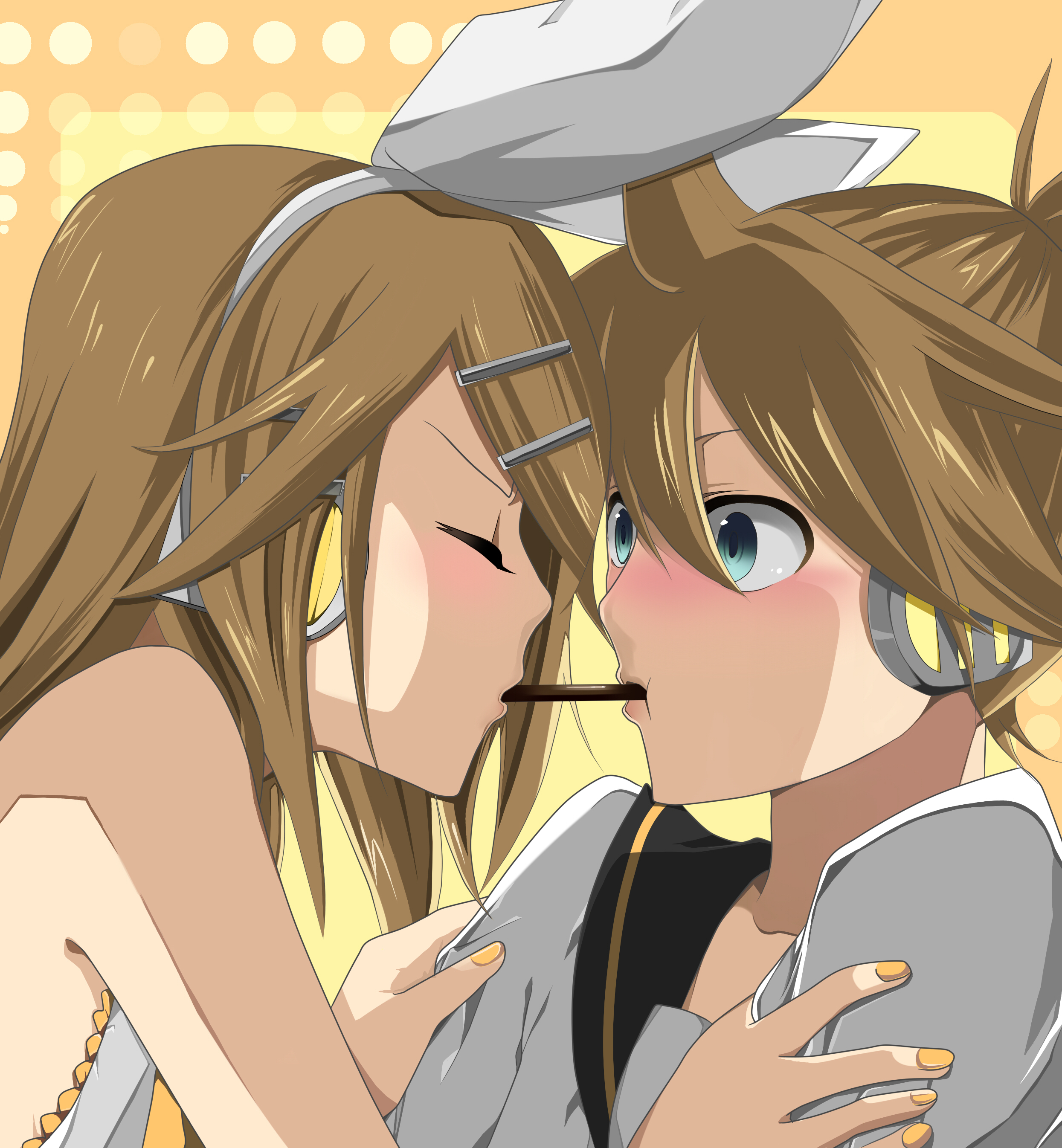 temari (deae), kagamine len, kagamine rin, vocaloid, absurdres, bad id, bad piapro id, highres, 1boy, 1girl, aqua eyes, blonde hair, blush, brother and sister, closed eyes, food, hair ornament, hair ribbon, hairclip, headphones, hetero, incest, pocky, pocky kiss, ribbon, shared food, short hair, siblings, twincest, twins