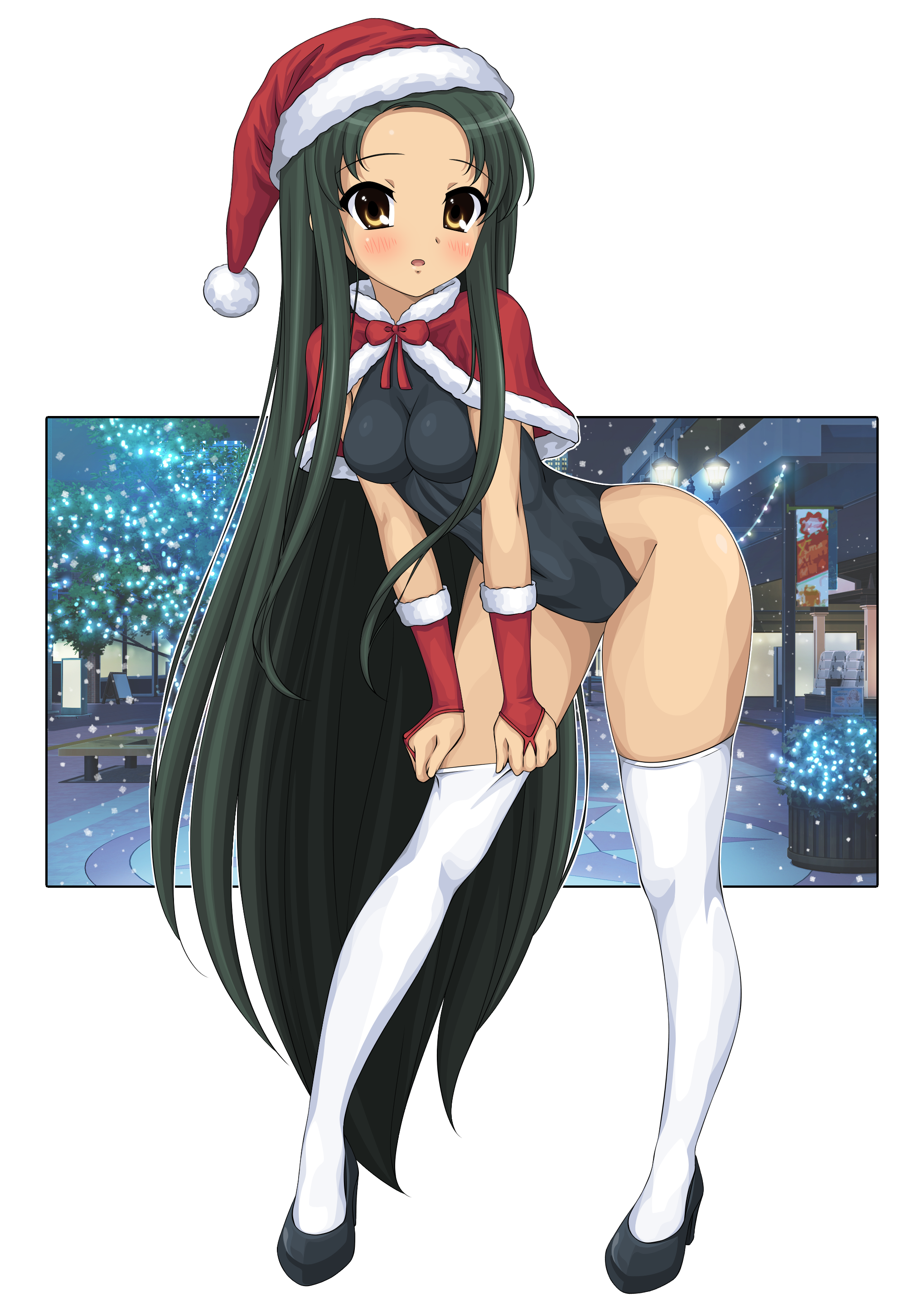 gurobeya, tsuruya, suzumiya haruhi no yuuutsu, absurdres, commentary request, highres, 1girl, alternate costume, bent over, black leotard, black shoes, breasts, capelet, covered navel, full body, green hair, hat, highleg, highleg leotard, leotard, long hair, medium breasts, night, red capelet, red hat, santa costume, santa hat, shoes, solo, standing, thighhighs, very long hair, white thighhighs