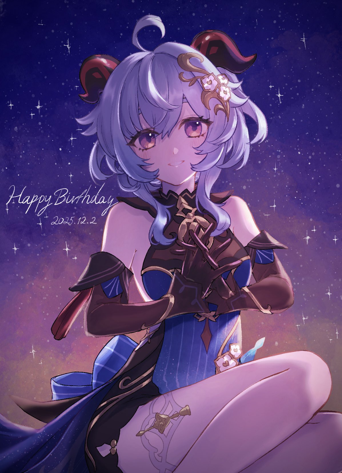 mozu (teluto), ganyu (genshin impact), ganyu (twilight blossom) (genshin impact), genshin impact, highres, 1girl, ahoge, bare shoulders, bell, black dress, black gloves, blue dress, blue hair, breasts, detached sleeves, dress, gloves, gradient clothes, gradient dress, hair ornament, happy birthday, horns, long hair, looking at viewer, neck bell, night, official alternate costume, purple eyes, sideless dress, sleeveless, sleeveless dress, smile, solo, teeth