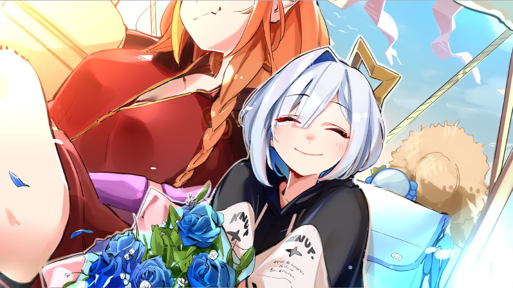 yuyaiyaui, amane kanata, kiryu coco, hololive, highres, ahoge, blonde hair, breasts, dragon girl, dragon horns, dragon tail, hairband, halo, horn ornament, horns, large breasts, long hair, multicolored hair, orange hair, pointy ears, smile, star halo, streaked hair, tail, virtual graduation commemoration, virtual youtuber