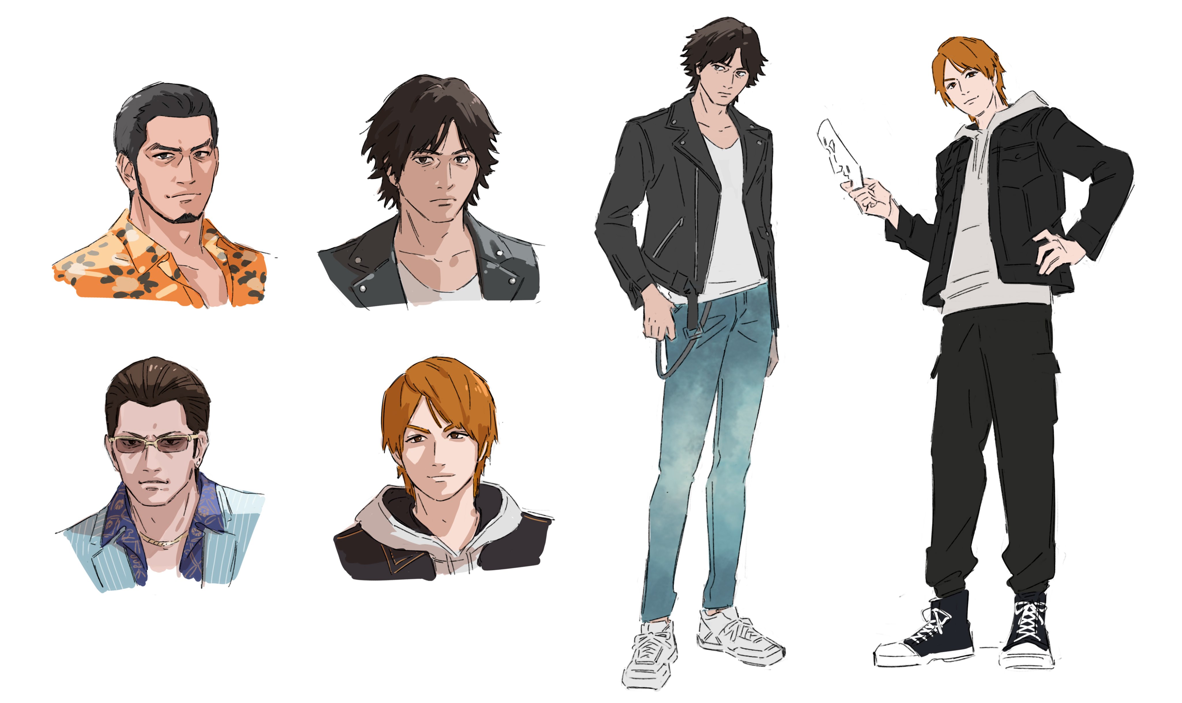 higashi tooru, kaito masaharu, sugiura fumiya, yagami takayuki, judge eyes, lost judgment, ryuu ga gotoku (series), skinny jeans, absurdres, highres, 4boys, beard, black hair, black jacket, chinstrap beard, earrings, facial hair, favamame2, formal clothes, hair slicked back, hawaiian shirt, hood, hoodie, jacket, jewelry, leather, leather jacket, male focus, multiple boys, necklace, orange hair, orange shirt, pinstripe pattern, pinstripe suit, portrait, shirt, shoes, sneakers, suit, sunglasses, white shirt