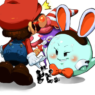 koki (ryoushikiha), boo (mario), mario, shadow siren, vivian (paper mario), yuuno (mario), mario (series), nintendo, paper mario, super mario bros. 1, super mario rpg, lowres, 1boy, 2girls, multiple girls