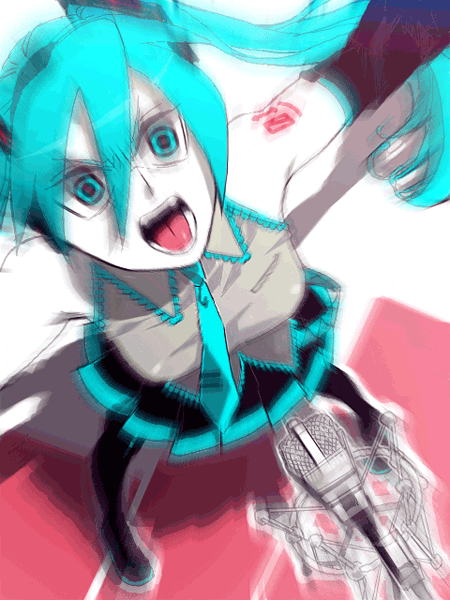 gimunema, hatsune miku, vocaloid, animated, animated gif, 1girl, aqua eyes, aqua hair, crazy eyes, detached sleeves, female focus, from above, headphones, long hair, microphone, microphone stand, necktie, open mouth, shouting, skirt, solo, thighhighs, twintails