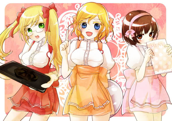 america (hetalia), japan (hetalia), united kingdom (hetalia), axis powers hetalia, 3girls, genderswap, menu, waitress