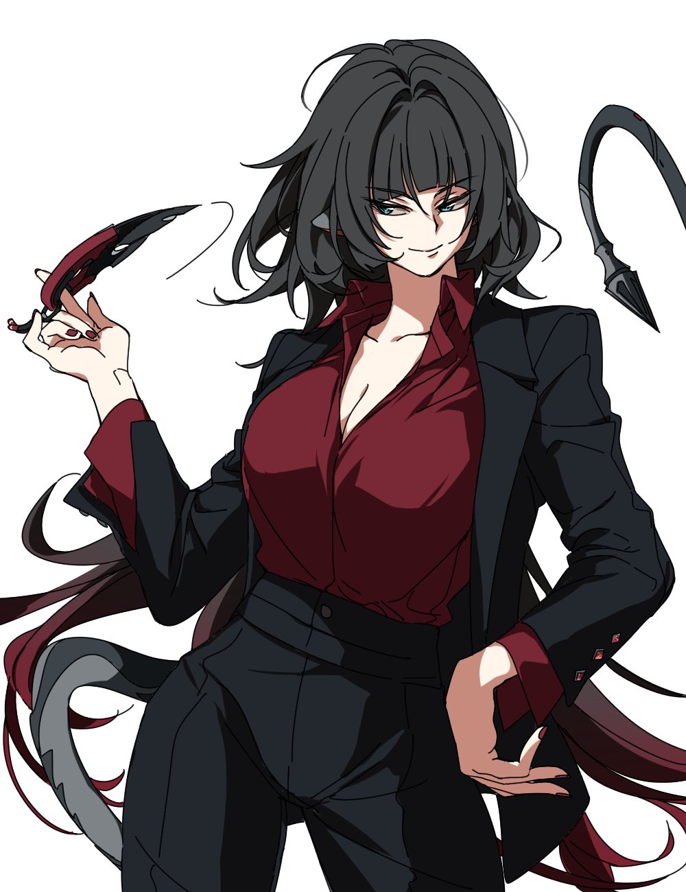 jane doe (zenless zone zero), zenless zone zero, highres, 1girl, alternate costume, animal ears, black hair, black jacket, black pants, blue eyes, breasts, cleavage, closed mouth, collarbone, cowboy shot, hair intakes, hand on own hip, hansam0657, holding, holding knife, jacket, knife, large breasts, long hair, long tail, looking to the side, motion lines, mouse ears, mouse girl, mouse tail, multicolored hair, pants, red hair, red nails, red shirt, sharp tail, shirt, shirt tucked in, simple background, smile, solo, tail, white background