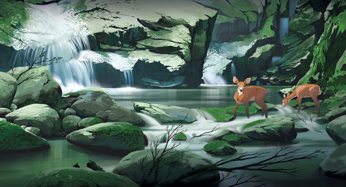 lorenzo lanfranconi, original, commentary, english commentary, 2others, animal, branch, deer, landscape, moss, multiple others, nature, painterly, pond, rock, scenery, water, waterfall