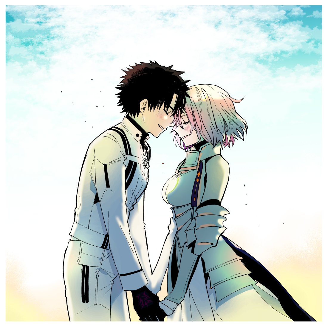 nobicco, fujimaru ritsuka (male), fujimaru ritsuka (male) (decisive battle chaldea uniform), mash kyrielight, mash kyrielight (paladin), fate/grand order, fate (series), 1boy, 1girl, armor, black gloves, black hair, closed eyes, command spell, forehead-to-forehead, gloves, heads together, holding hands, purple hair, smile