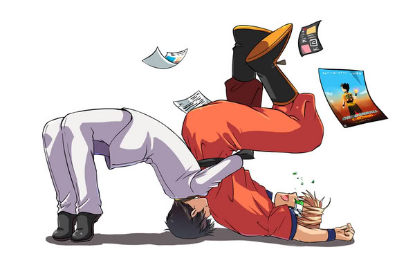 america (hetalia), japan (hetalia), axis powers hetalia, dragon ball, dragonball evolution, 2boys, black hair, blonde hair, cosplay, german suplex, male focus, military, military uniform, multiple boys, open mouth, paper, poster (medium), simple background, smile, son goku (cosplay), suplex