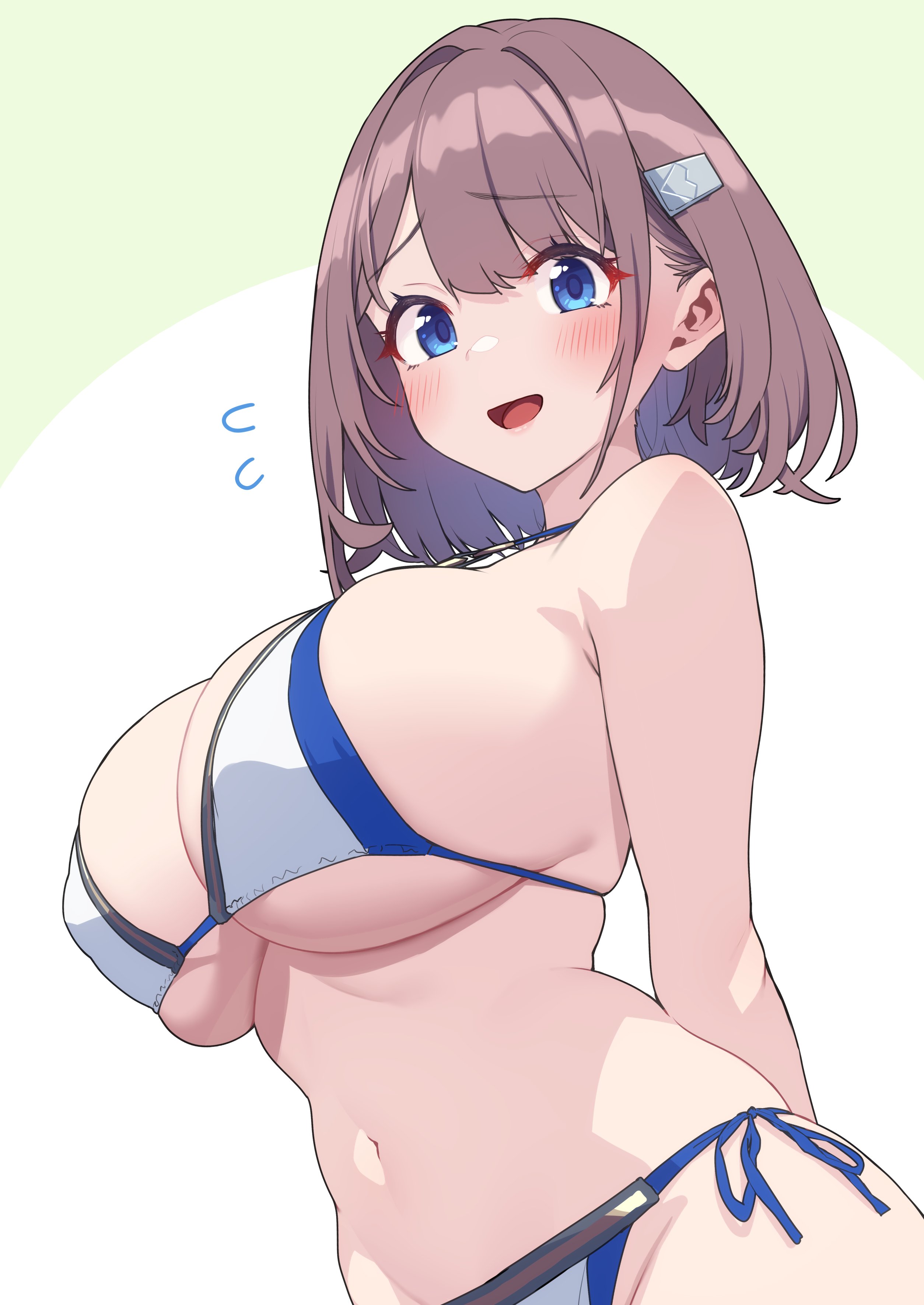 baffu, hitoyo (baffu), original, absurdres, highres, 1girl, bikini, blue eyes, blush, breasts, brown hair, cleavage, groin, hair ornament, hairclip, large breasts, navel, open mouth, short hair, side-tie bikini bottom, smile, solo, swimsuit, thighs, underboob, white bikini