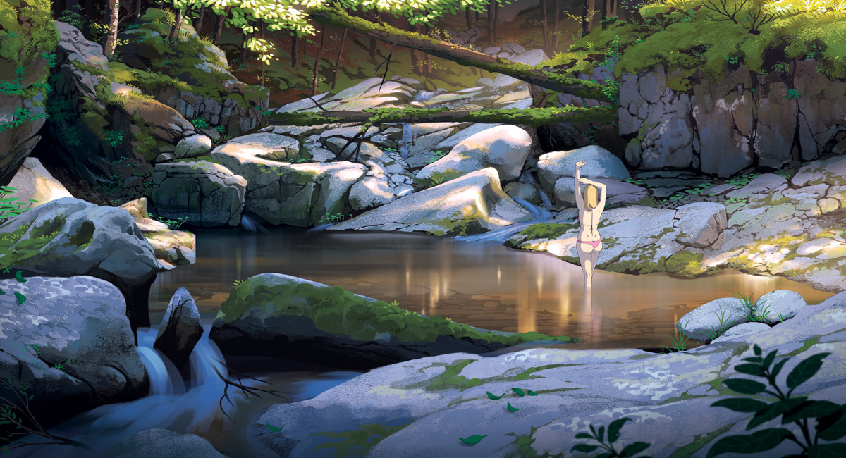 lorenzo lanfranconi, original, commentary, english commentary, 1girl, bikini, fallen tree, from behind, grass, leaf, light rays, moss, nature, painterly, pink bikini, plant, pond, rock, scenery, standing, swimsuit, tree, water