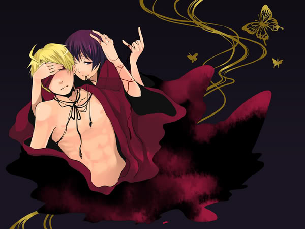 america (hetalia), japan (hetalia), axis powers hetalia, 00s, 2boys, abs, black hair, blindfold, blonde hair, bug, butterfly, male focus, multiple boys, open clothes, open shirt, purple eyes, shirt, thread